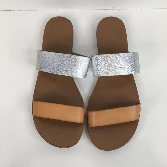 J.Crew Metallic Silver Tan Double Strap Slip On Sandals Size 7 - Picture 3 of 9
